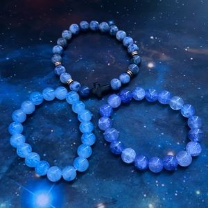 One blue cross bracelet to blue clear bracelets